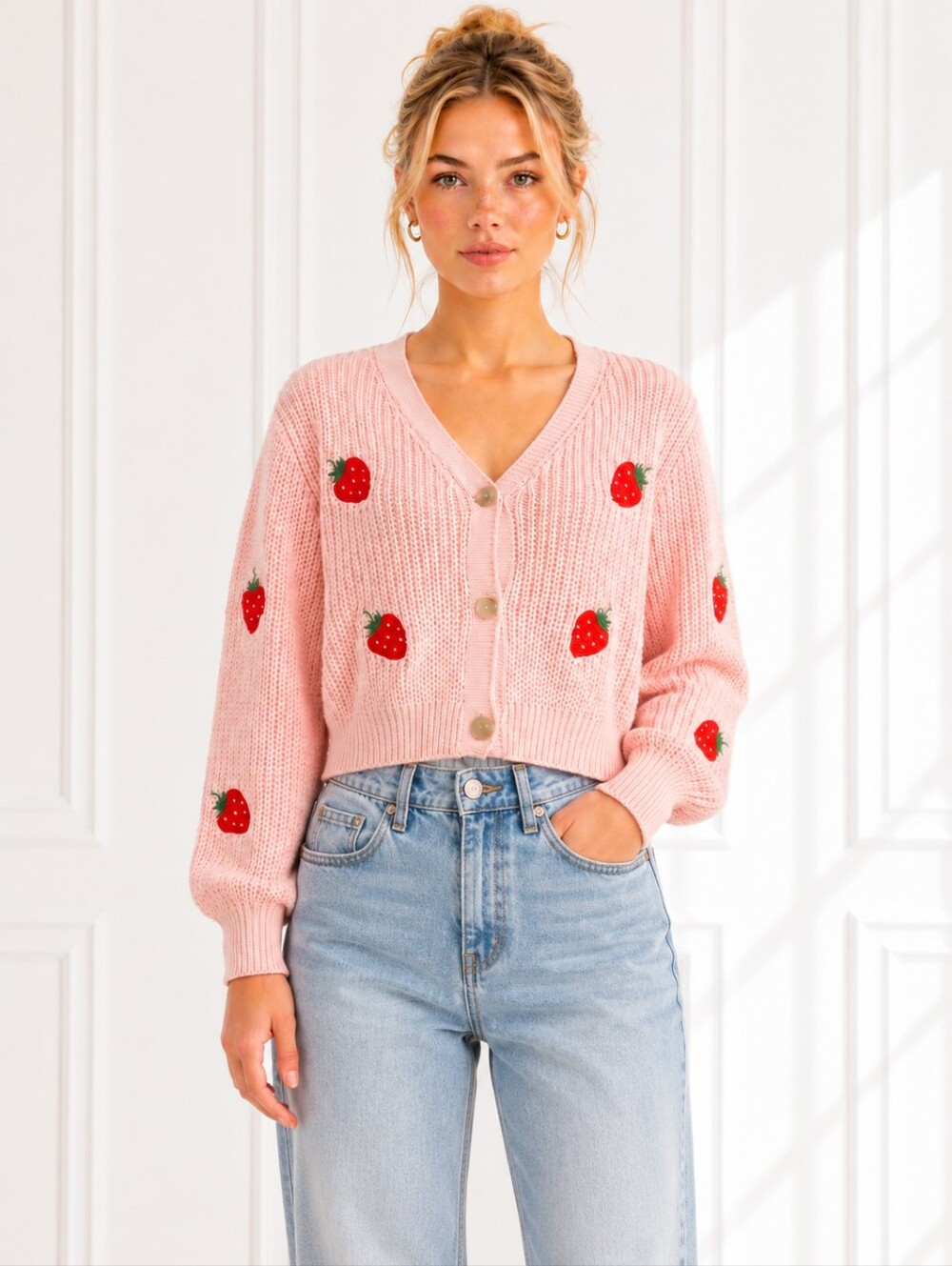 Pink Strawberry Embroidered V-Neck Cardigan Sweater